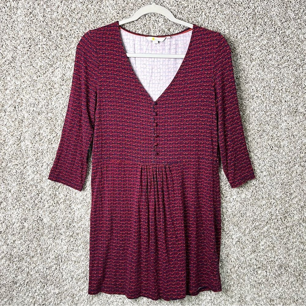 Boden Tunic Dress Women's 10P Sabina Red Printed Jersey Knit V-Neck Long‎ Sleeve